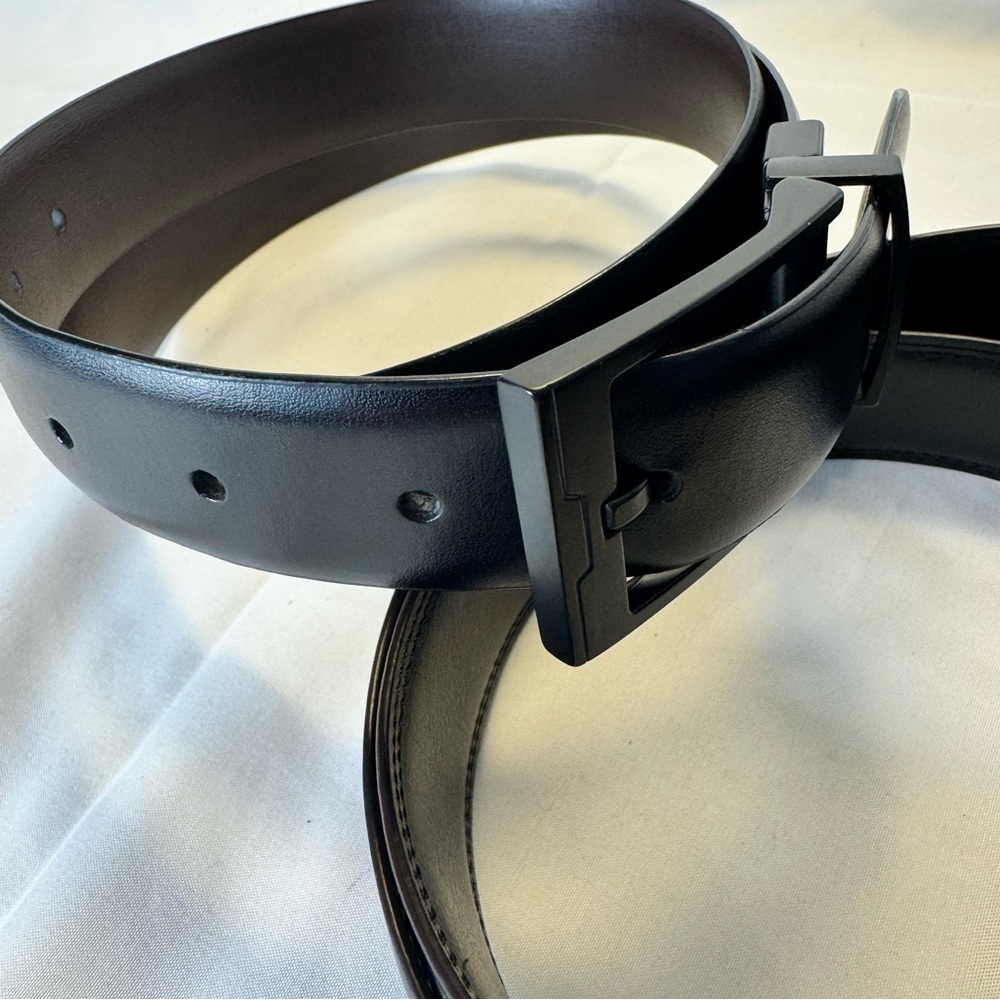 Two Perry Ellis Brown/Black Leather Reversible Belts - Black/Gunmetal 30/32 - Picture 6 of 13